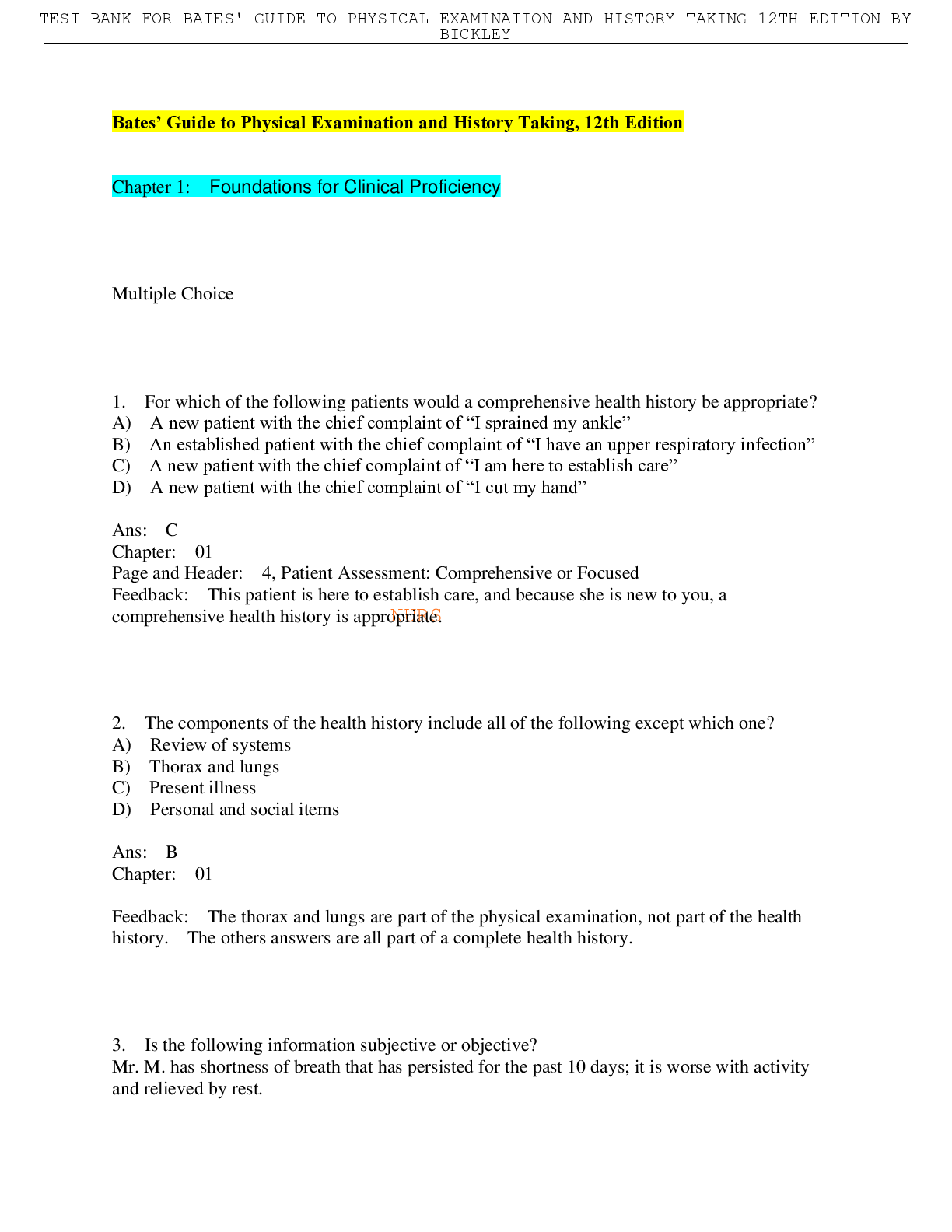 TEST BANK FOR BATES' GUIDE TO PHYSICAL EXAMINATION AND HISTORY TAKING